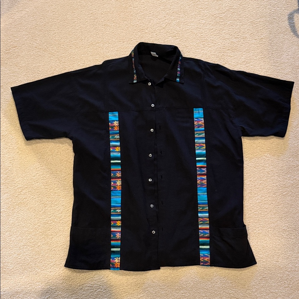XXL Handmade Guatemalan Shirt Black Woven Textile Trim 100% Cotton
